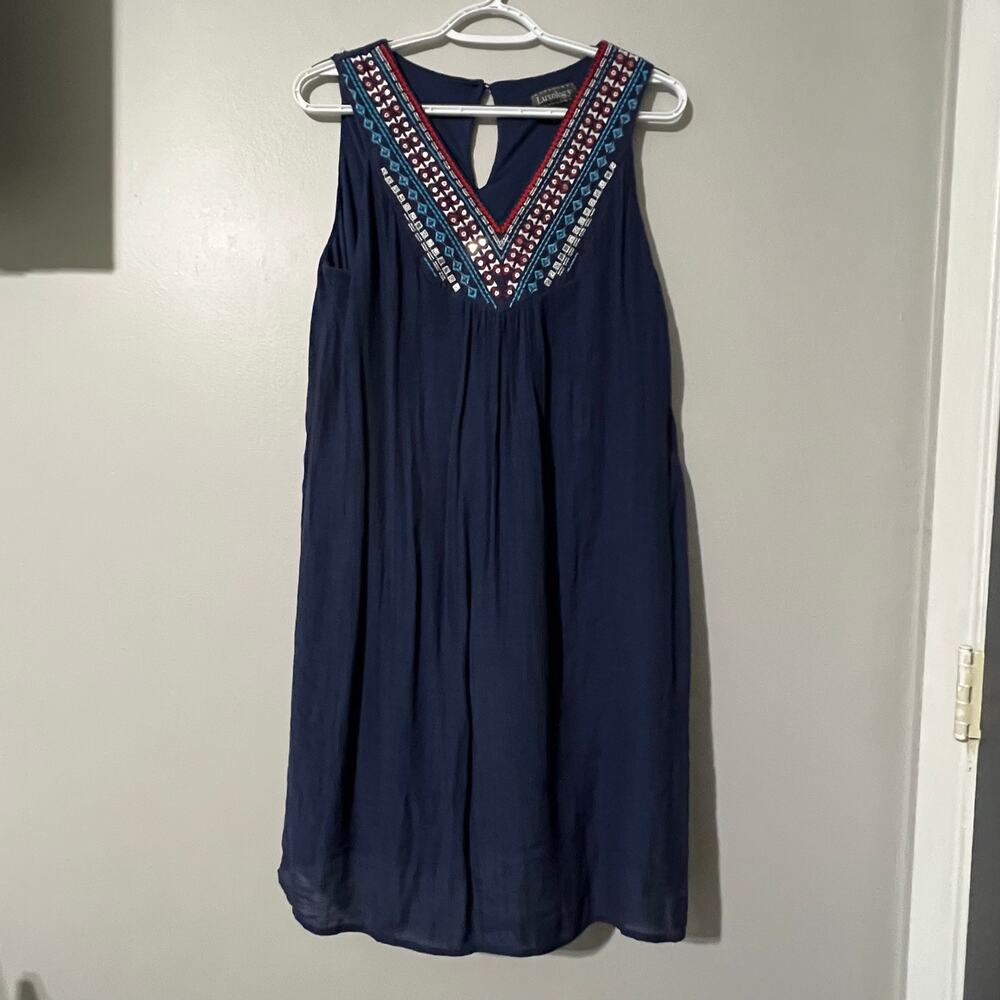 Luxology Dress Medium Navy Blue Embroidered Boho Sleeveless Shift Mini Lined